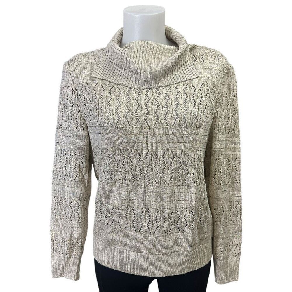 St. John Cowl Neck‎ Open Knit Sweater Embellished w Paillettes Beige Sz Small